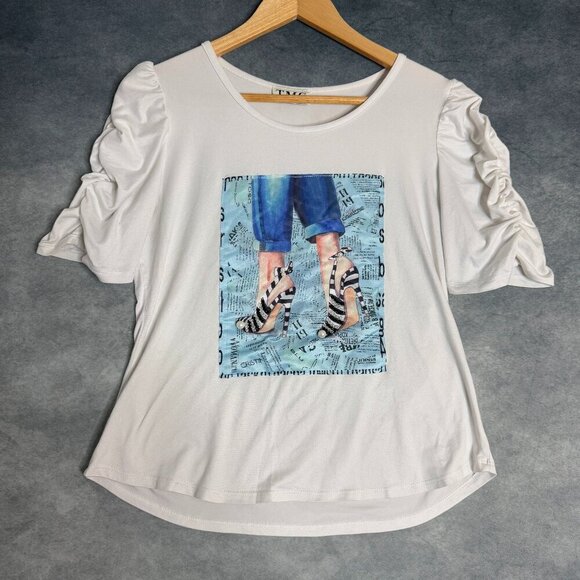 TMG Tops - Y2K White Graphic Rhinestone Top Women’s Small TMG Made in USA Retro Clubwear